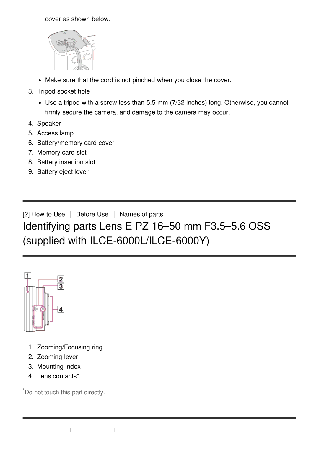 Sony ILCE6000LB, ILCE6000B manual Do not touch this part directly 