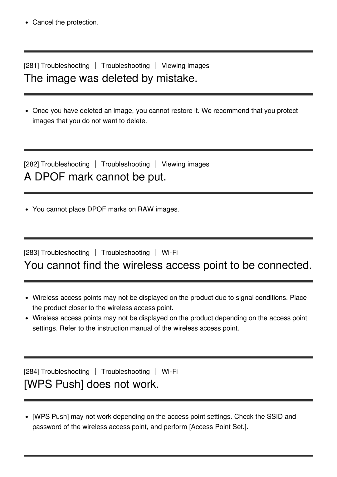 Sony ILCE6000LB, ILCE6000B manual Image was deleted by mistake, Dpof mark cannot be put, WPS Push does not work 