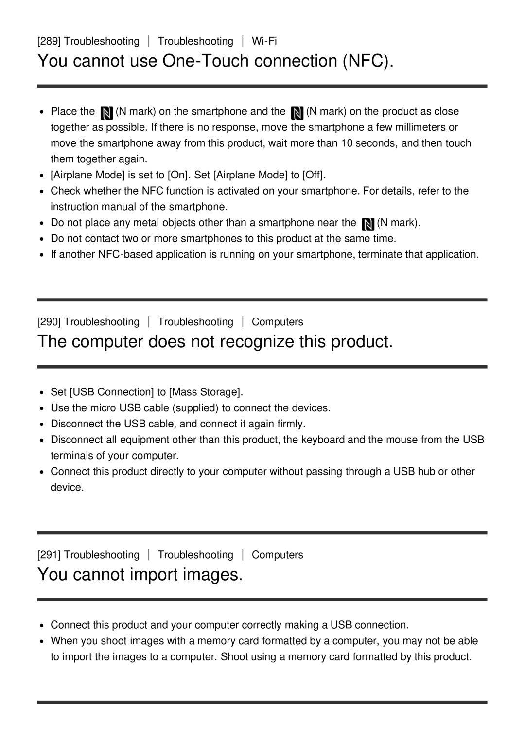 Sony ILCE6000LB, ILCE6000B manual You cannot use One-Touch connection NFC, Computer does not recognize this product 