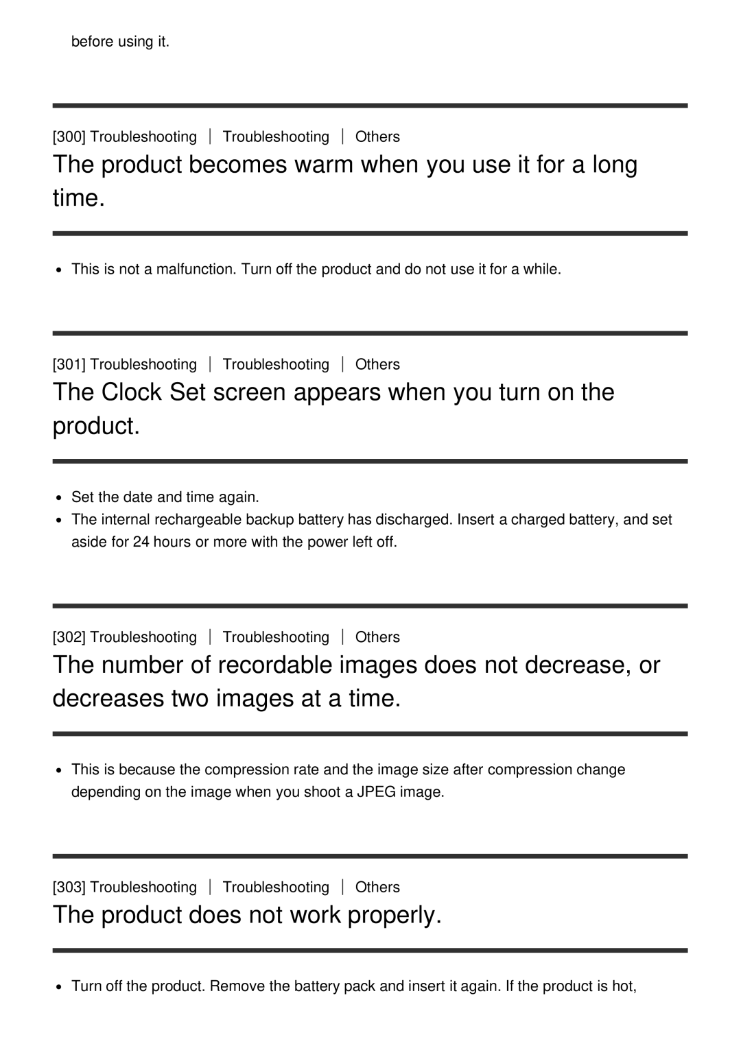 Sony ILCE6000B Product becomes warm when you use it for a long time, Clock Set screen appears when you turn on the product 