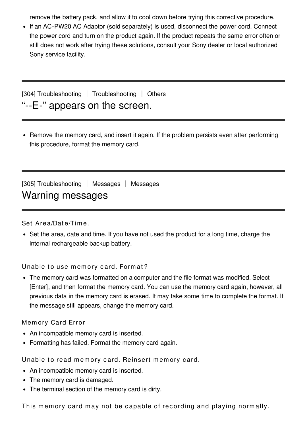 Sony ILCE6000LB manual Appears on the screen, Set Area/Date/Time, Unable to use memory card. Format?, Memory Card Error 