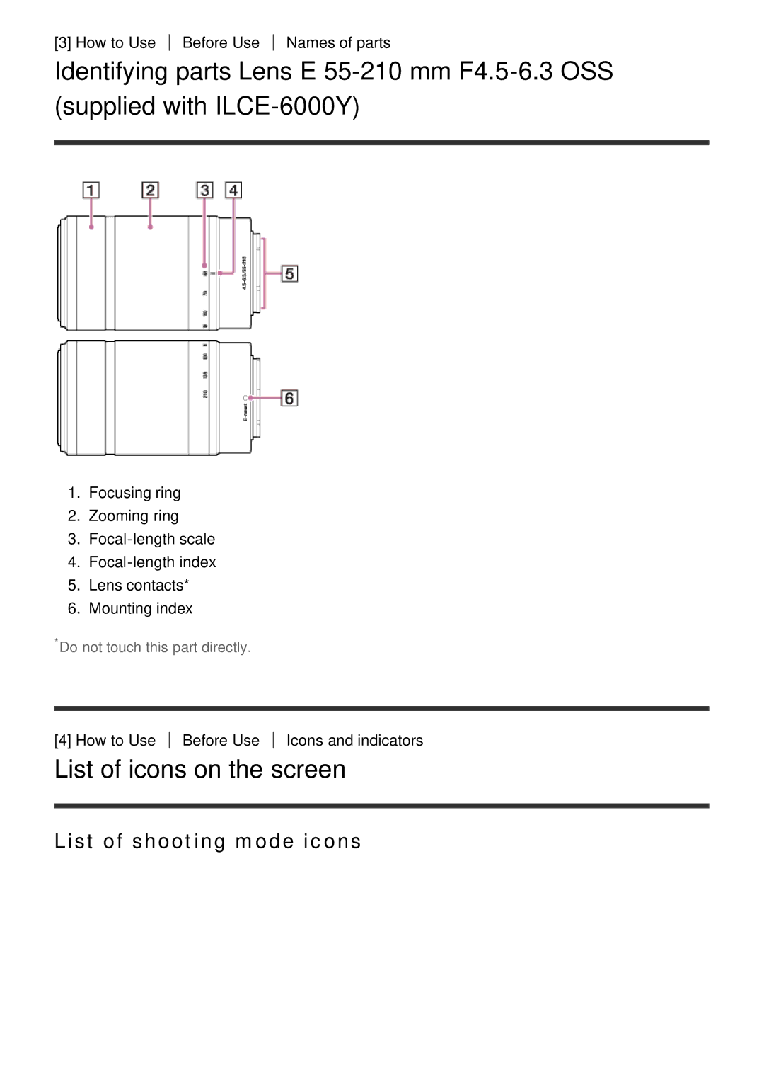 Sony ILCE6000B, ILCE6000LB manual List of icons on the screen, List of shooting mode icons 