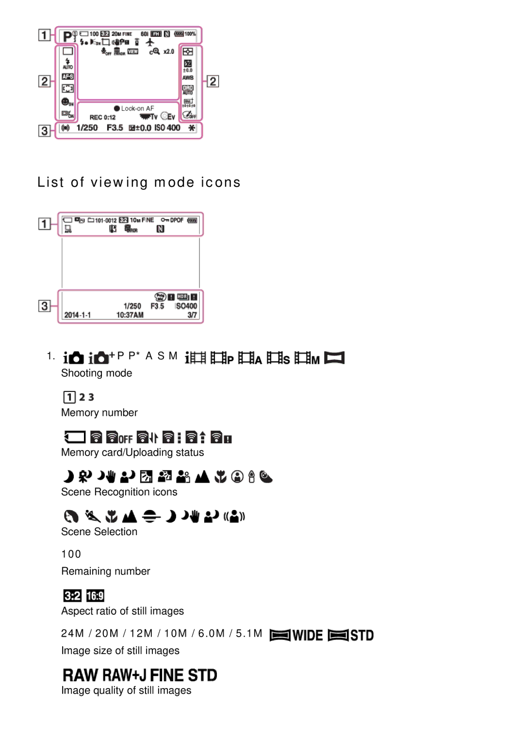 Sony ILCE6000LB, ILCE6000B manual List of viewing mode icons, P* a S M, 100, 24M / 20M / 12M / 10M / 6.0M / 5.1M 