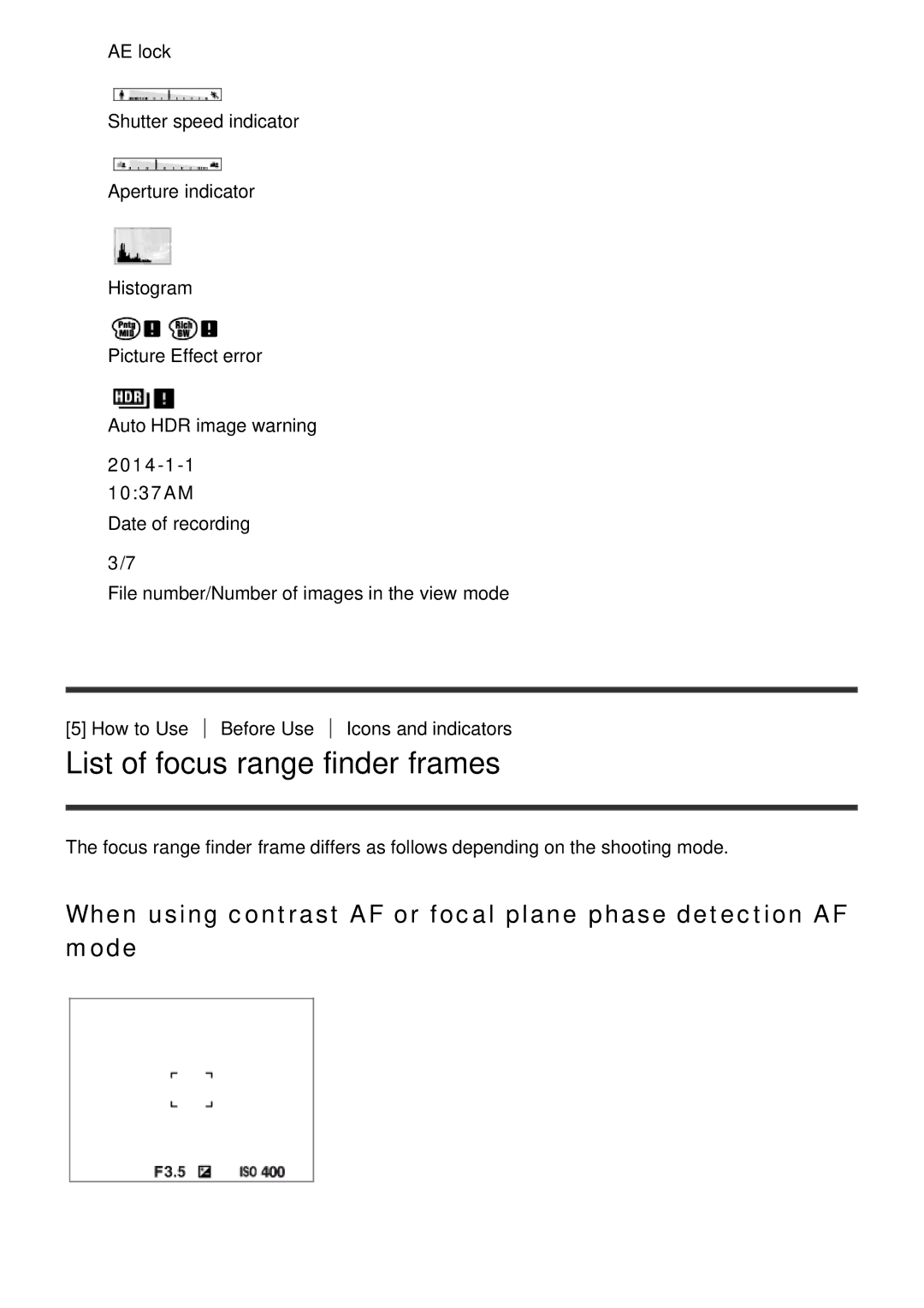 Sony ILCE6000LB, ILCE6000B manual List of focus range finder frames, 2014-1-1 1037AM 