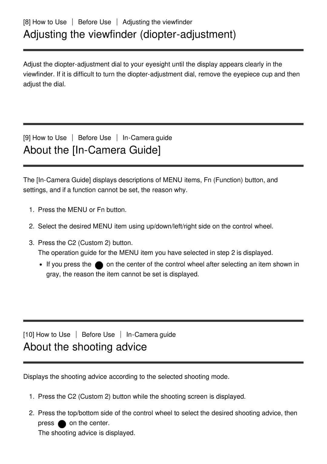 Sony ILCE6000B manual Adjusting the viewfinder diopter-adjustment, About the In-Camera Guide, About the shooting advice 