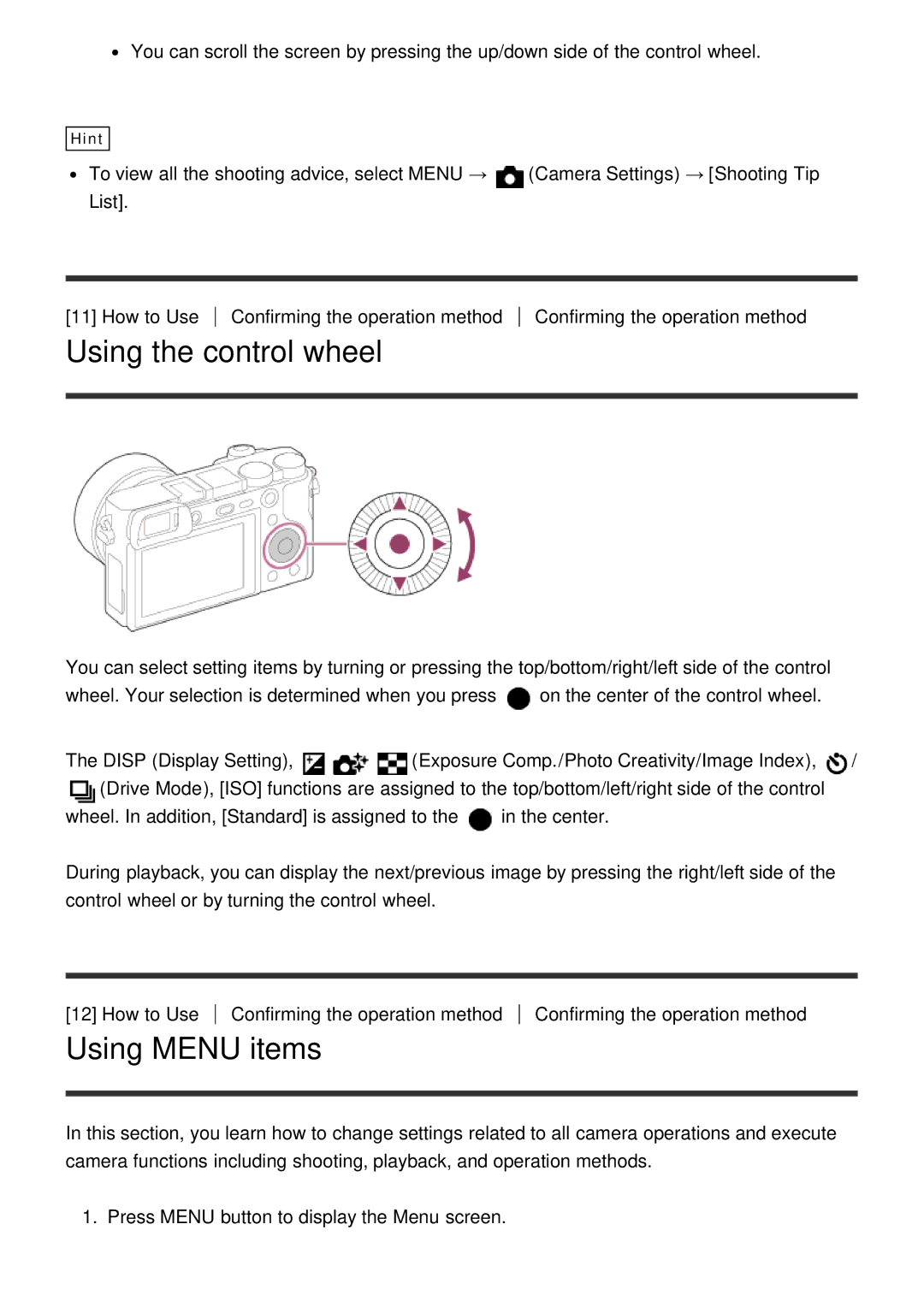 Sony ILCE6000LB, ILCE6000B manual Using the control wheel, Using Menu items 