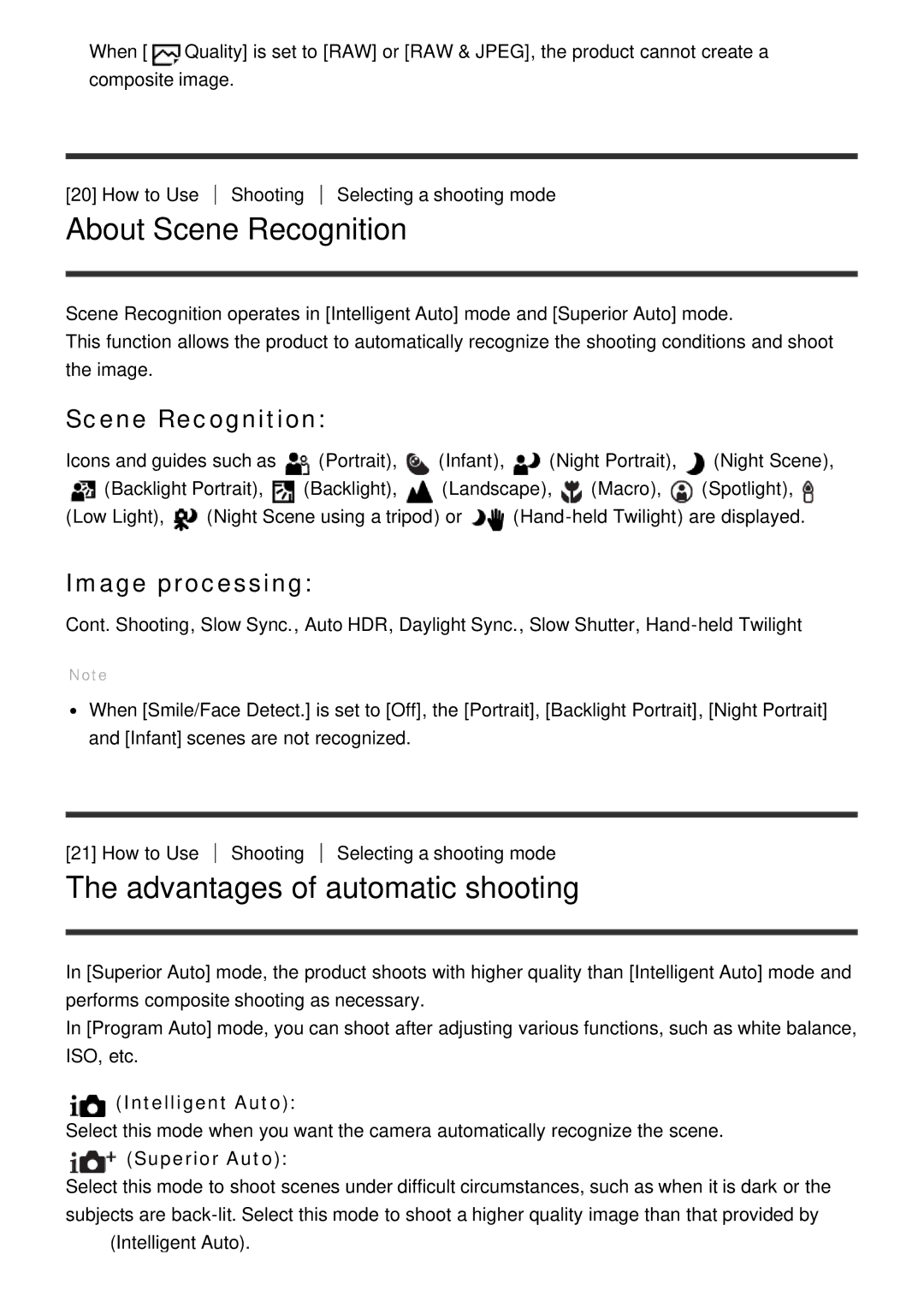 Sony ILCE6000B, ILCE6000LB manual About Scene Recognition, Advantages of automatic shooting, Image processing 