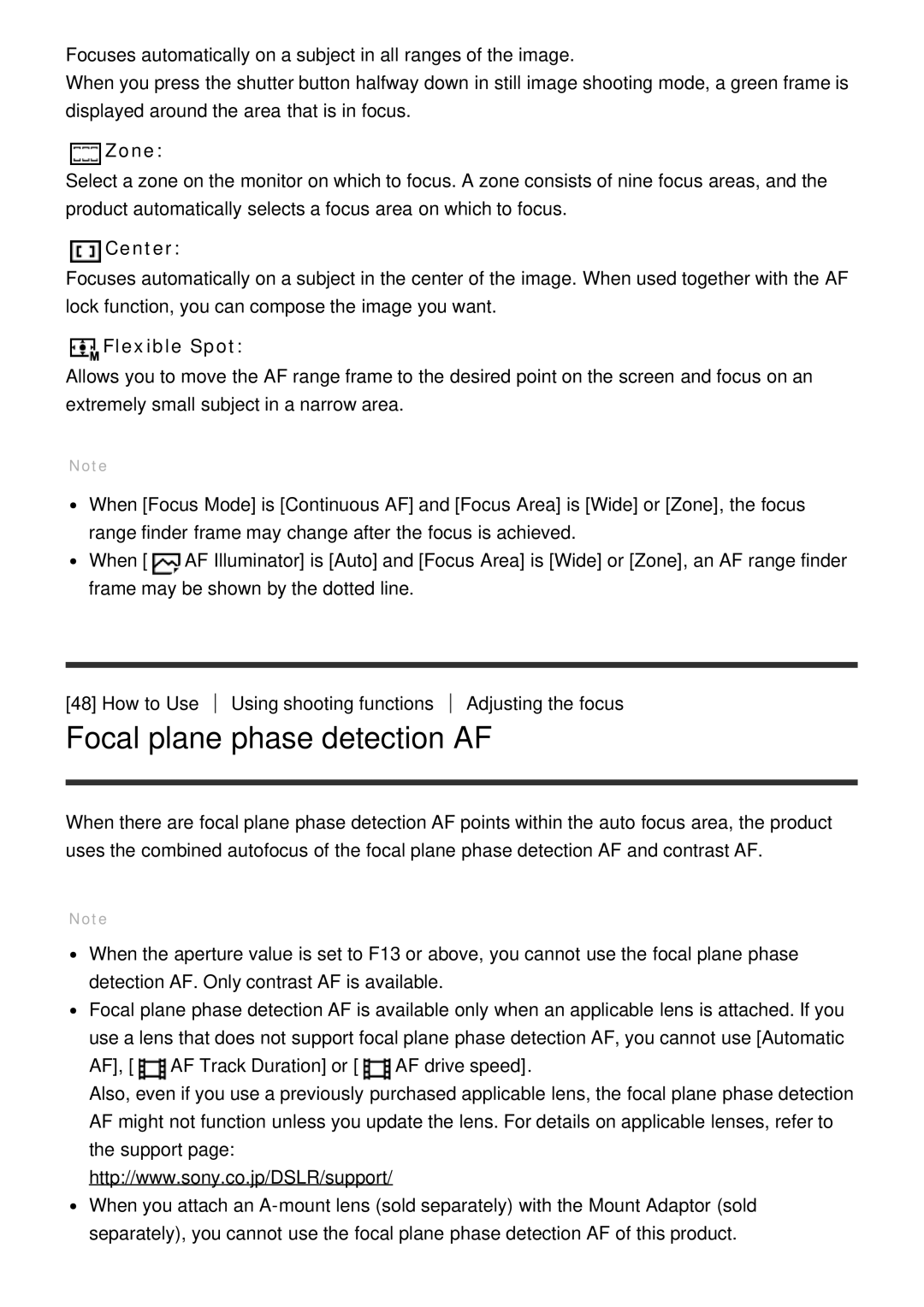Sony ILCE6000LB, ILCE6000B manual Focal plane phase detection AF, Zone, Center, Flexible Spot 