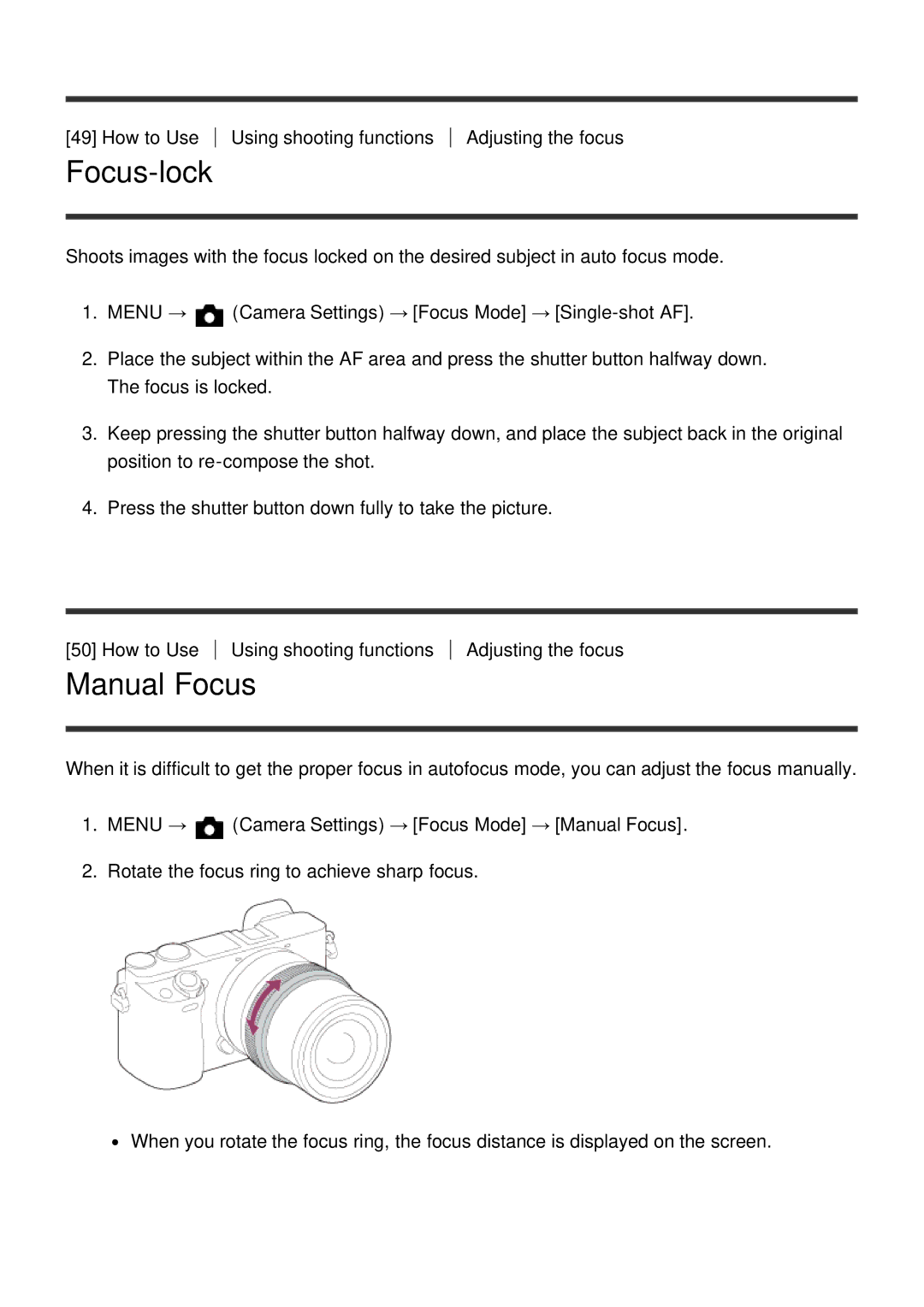 Sony ILCE6000B, ILCE6000LB manual Focus-lock, Manual Focus 