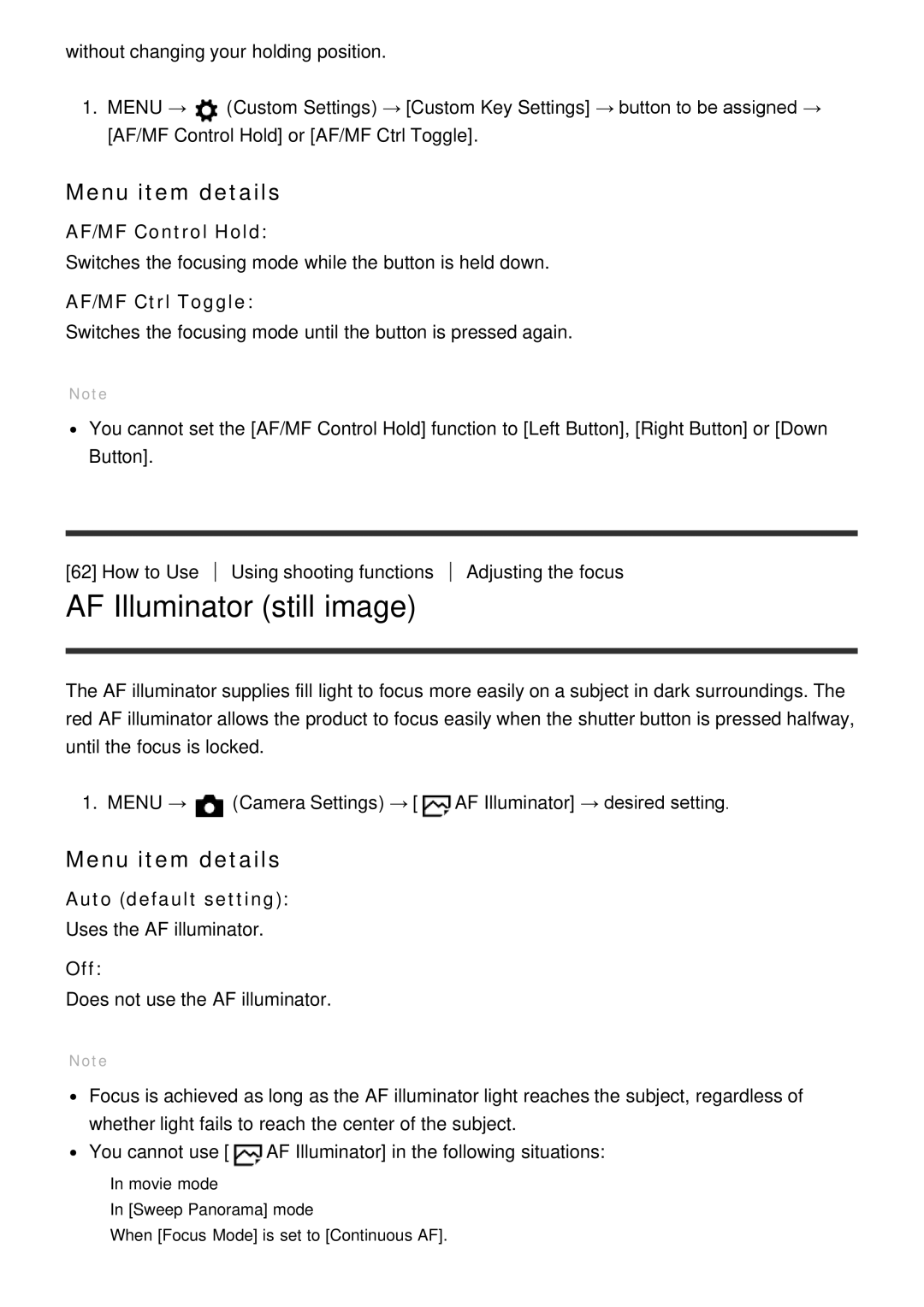 Sony ILCE6000LB, ILCE6000B manual AF Illuminator still image, AF/MF Control Hold, AF/MF Ctrl Toggle, Auto default setting 