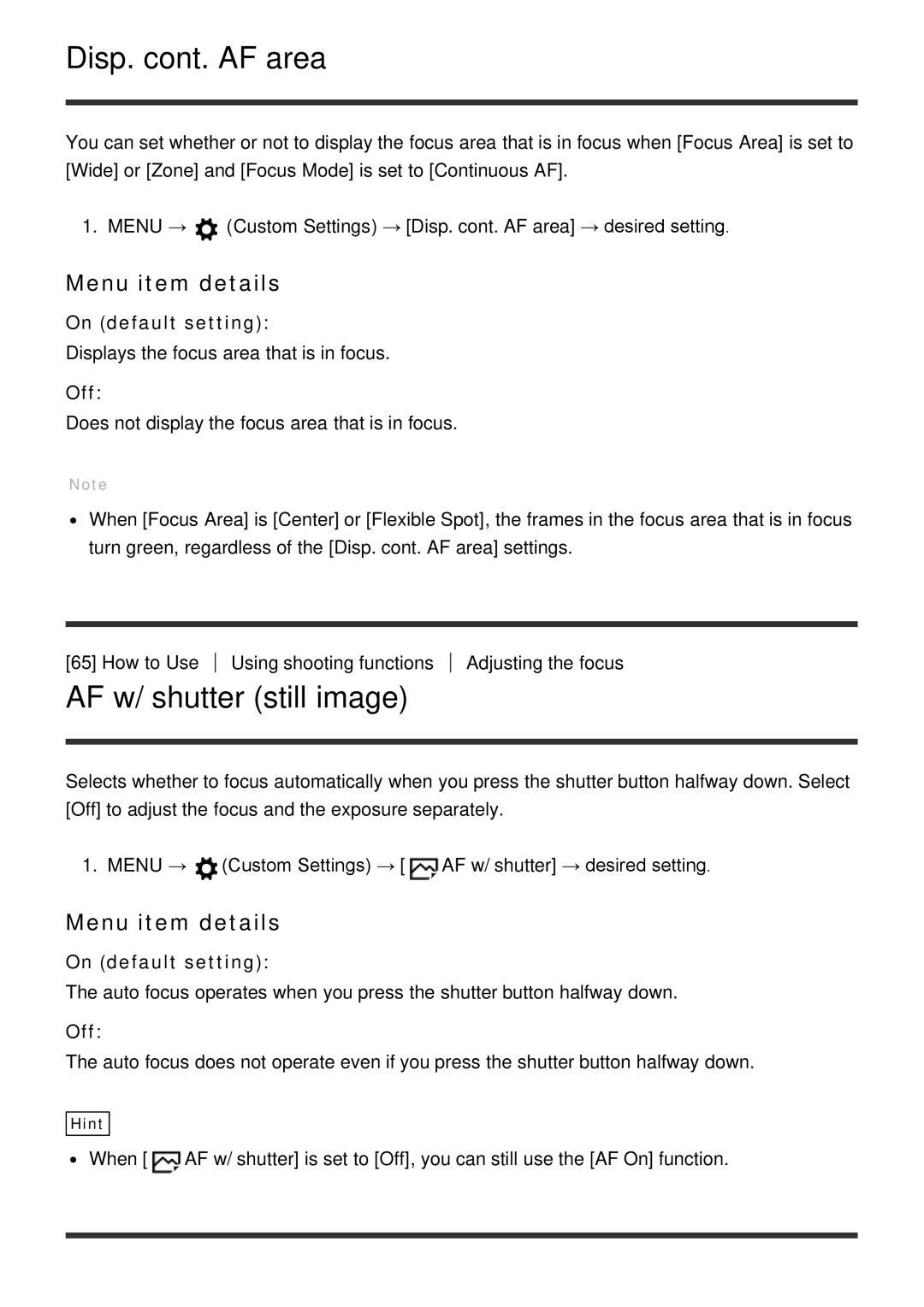 Sony ILCE6000LB, ILCE6000B manual Disp. cont. AF area, AF w/ shutter still image 