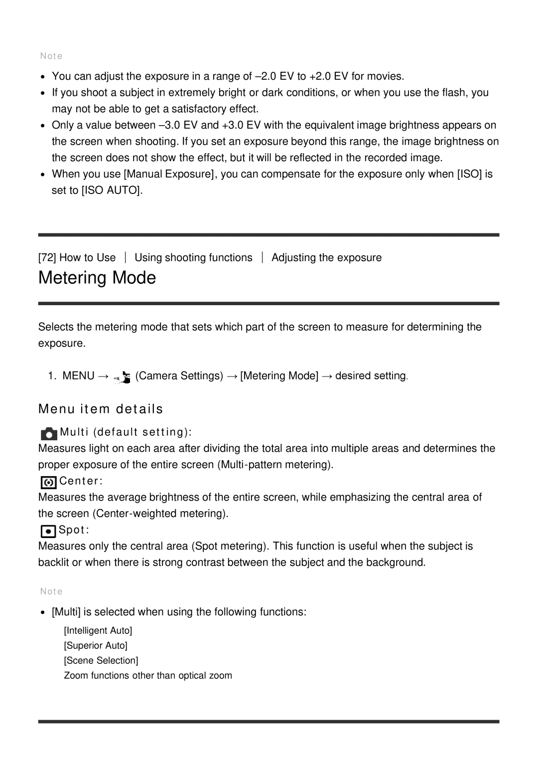 Sony ILCE6000LB, ILCE6000B manual Metering Mode, Multi default setting, Spot 