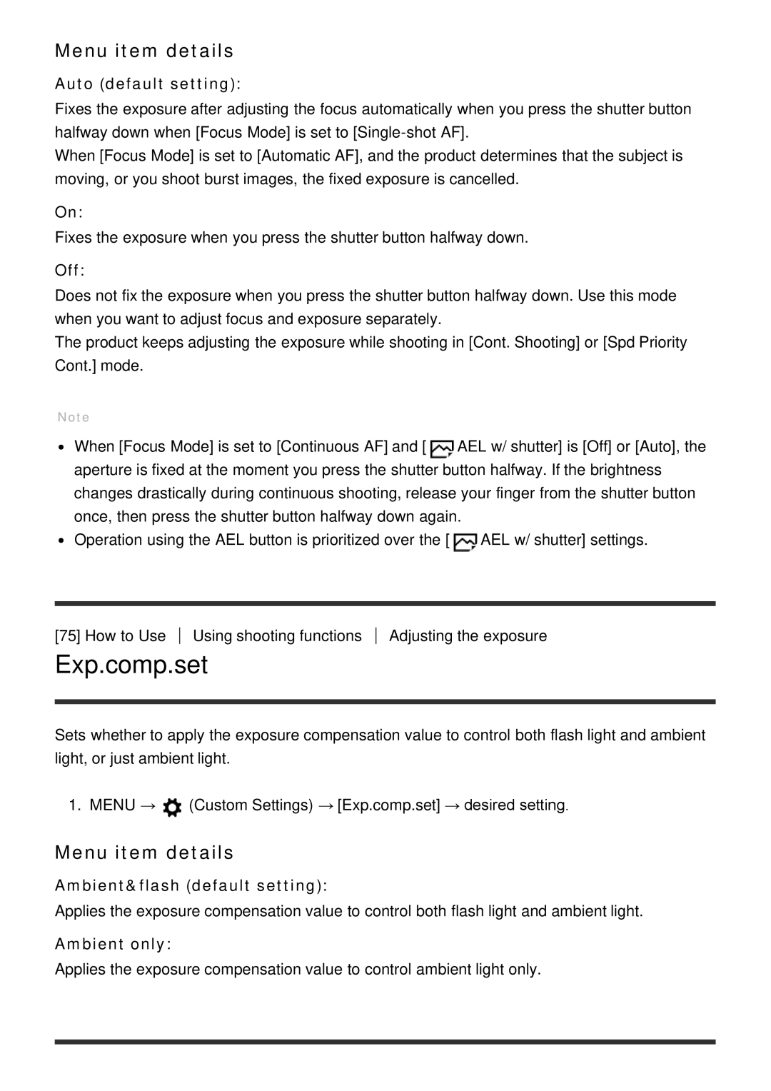 Sony ILCE6000LB, ILCE6000B manual Exp.comp.set, Ambient&flash default setting, Ambient only 
