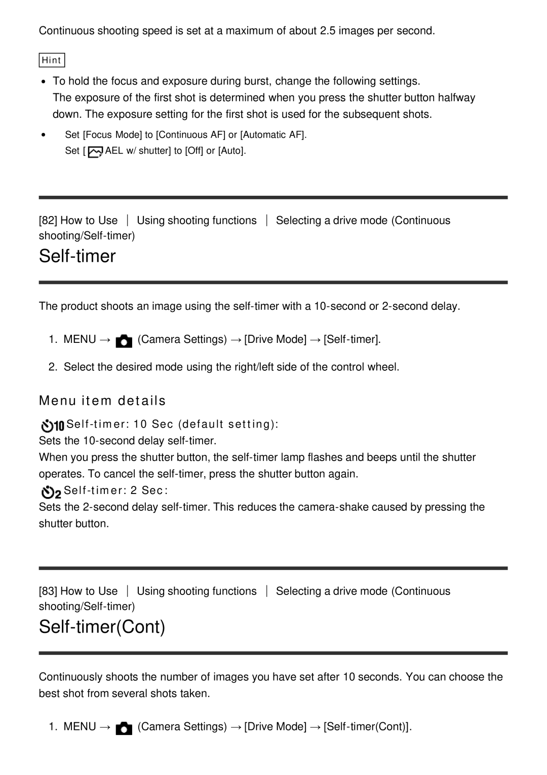 Sony ILCE6000LB, ILCE6000B manual Self-timerCont, Self-timer 10 Sec default setting, Self-timer 2 Sec 