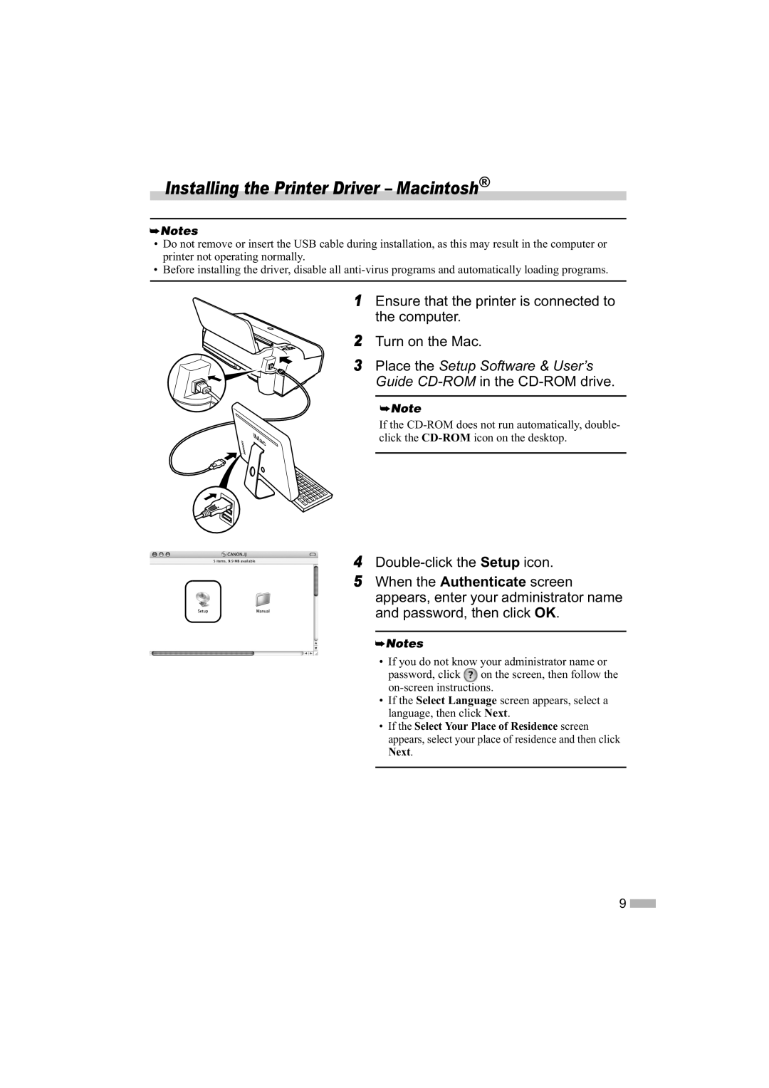 Sony iP1200, iP1600, iP2200 quick start Installing the Printer Driver Macintosh 