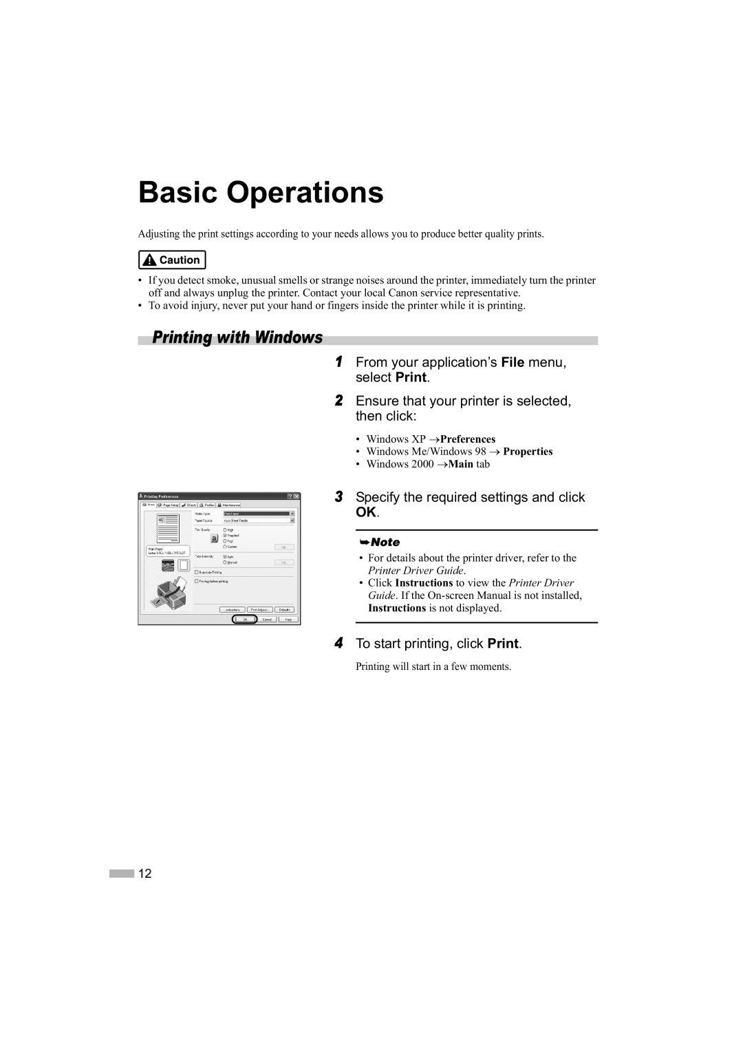 Sony iP1200, iP1600, iP2200 quick start Basic Operations, Printing with Windows, Specify the required settings and click OK 