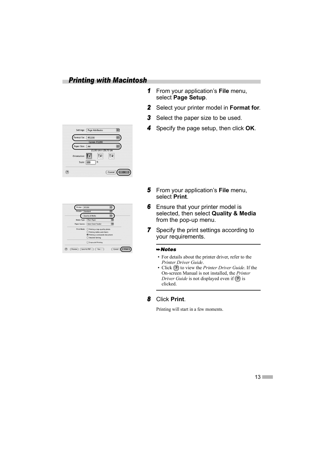 Sony iP1600, iP2200, iP1200 quick start Printing with Macintosh, Click Print 