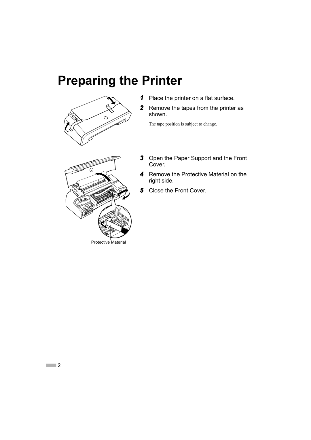 Sony iP2200, iP1600, iP1200 quick start Preparing the Printer, Remove the tapes from the printer as Shown 