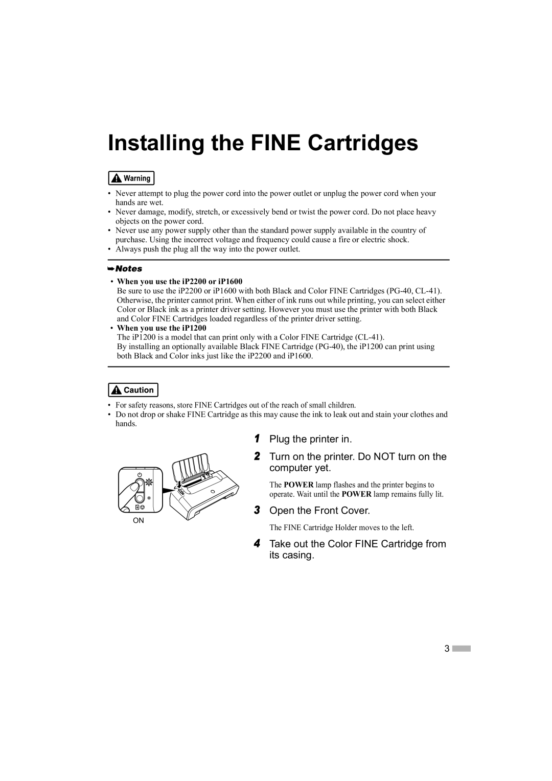 Sony iP1200 Installing the Fine Cartridges, Open the Front Cover, Take out the Color Fine Cartridge from its casing 