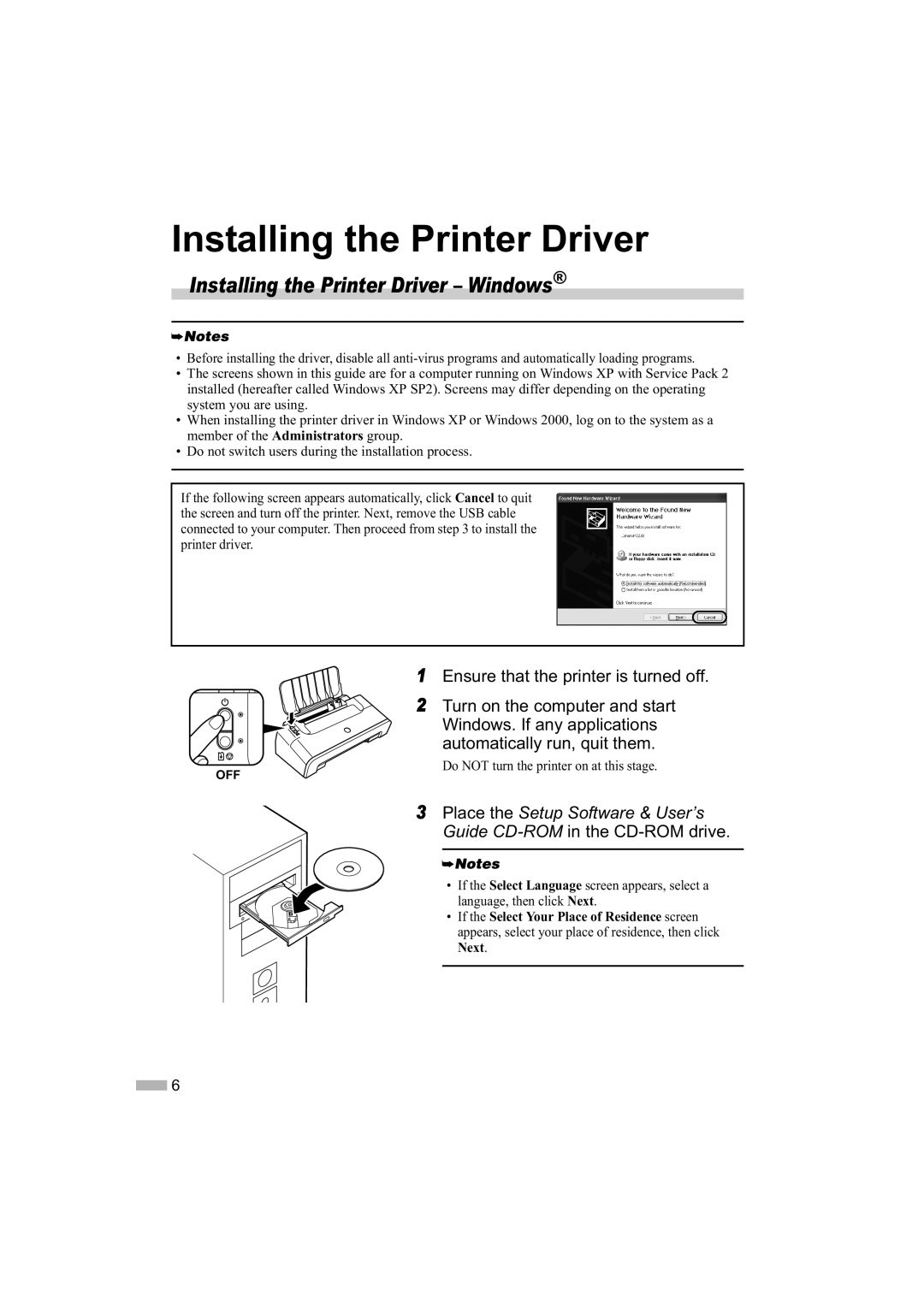 Sony iP1200, iP1600, iP2200 quick start Installing the Printer Driver Windows 