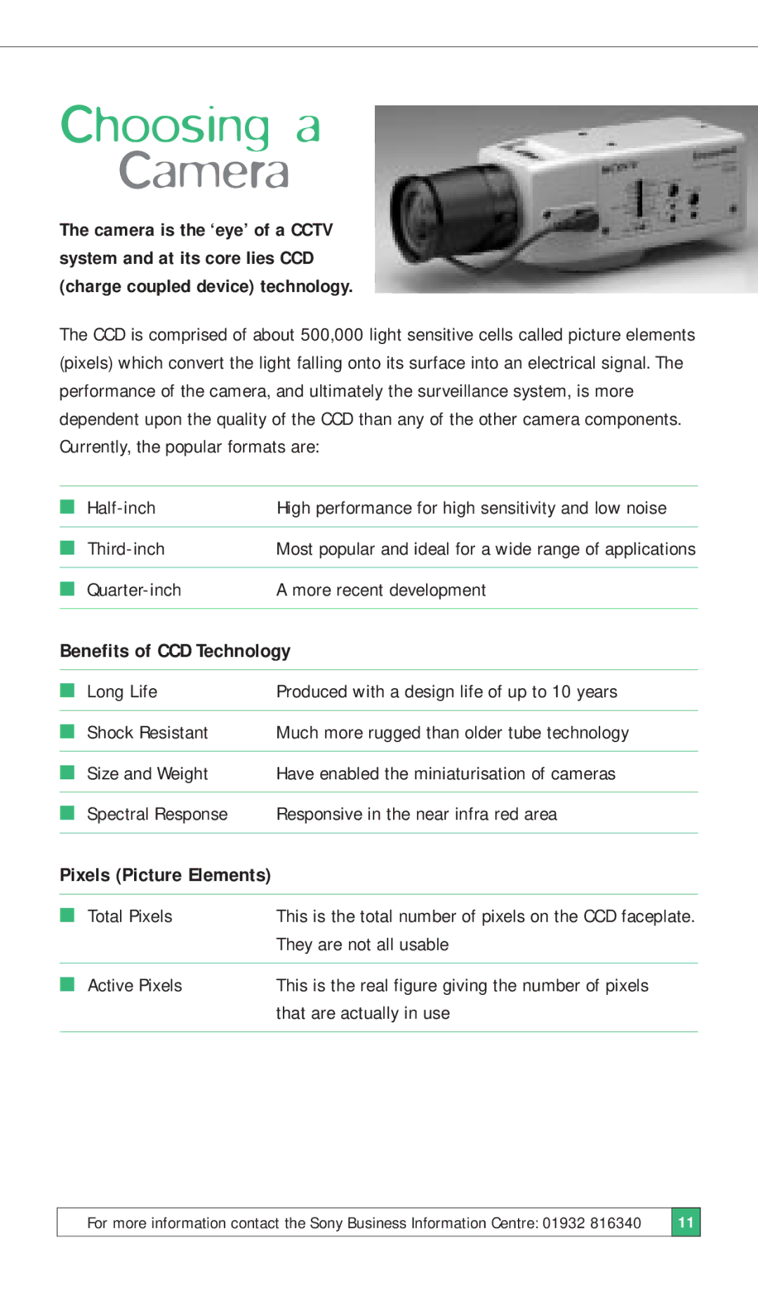 Sony ISSUE 3 manual Choosing a, Camera, Benefits of CCD Technology 