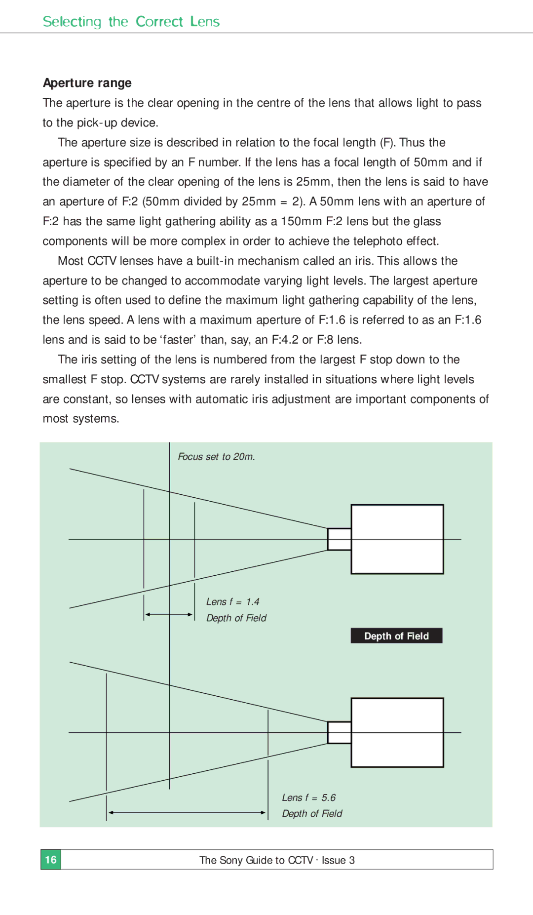 Sony ISSUE 3 manual Selecting the Correct Lens, Aperture range 