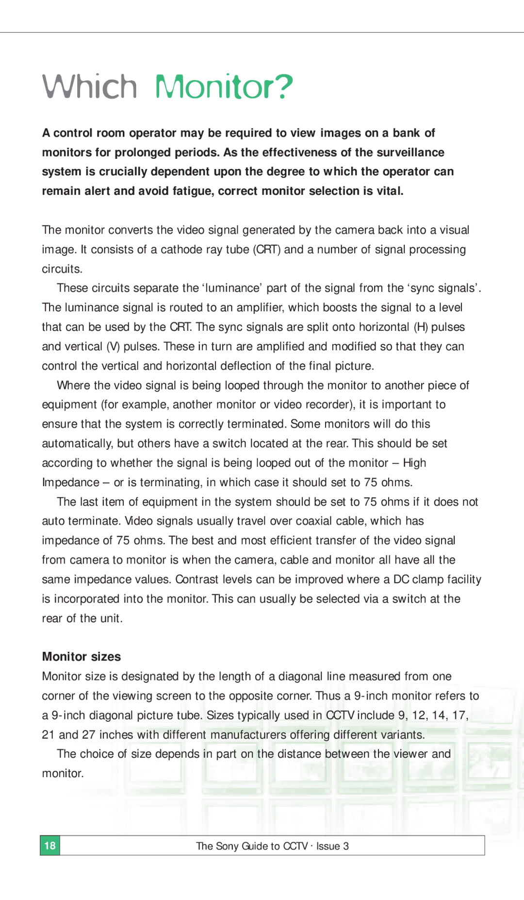 Sony ISSUE 3 manual Which Monitor?, Monitor sizes 