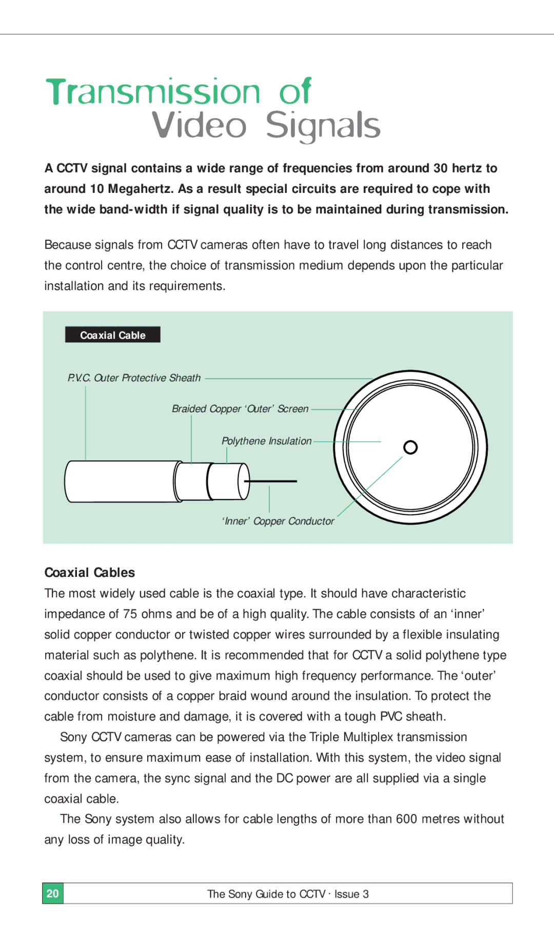 Sony ISSUE 3 manual Transmission, Video Signals, Coaxial Cables 