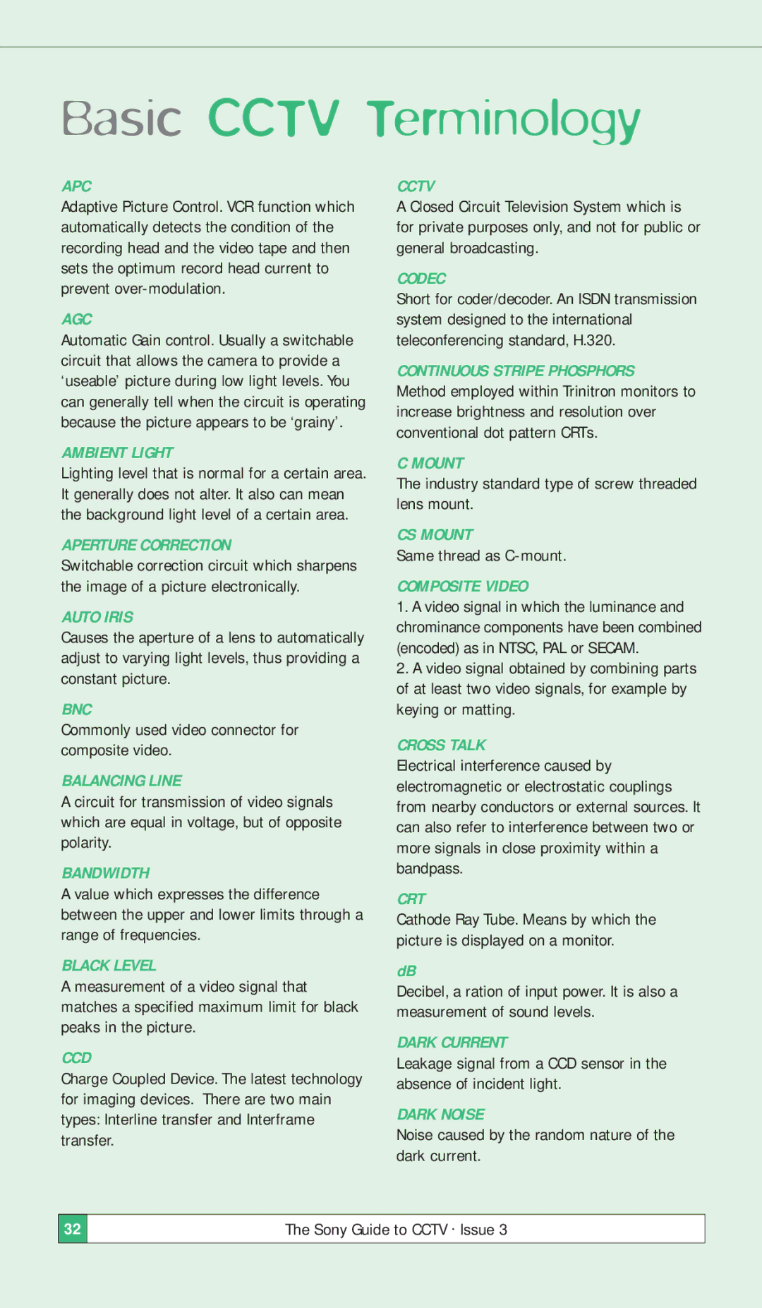 Sony ISSUE 3 manual Basic Cctv Terminology, Apc 