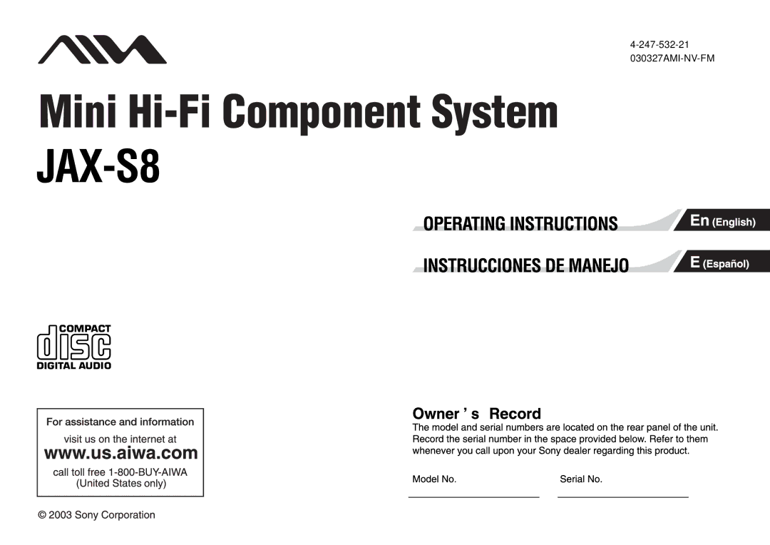 Sony JAX-S8 manual 