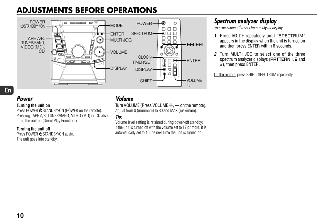 Sony JAX-S8 manual Adjustments Before Operations, Spectrum analyzer display, Power, Volume 