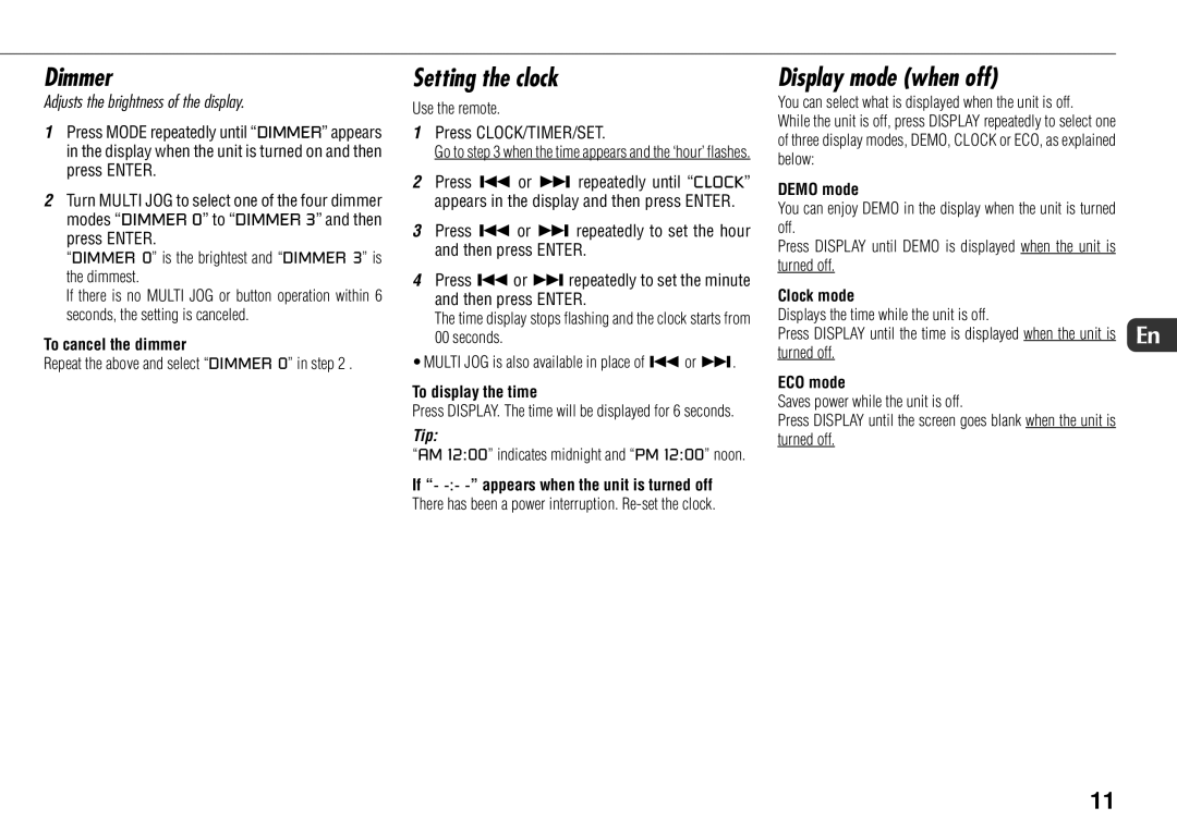 Sony JAX-S8 manual Dimmer, Setting the clock, Display mode when off 