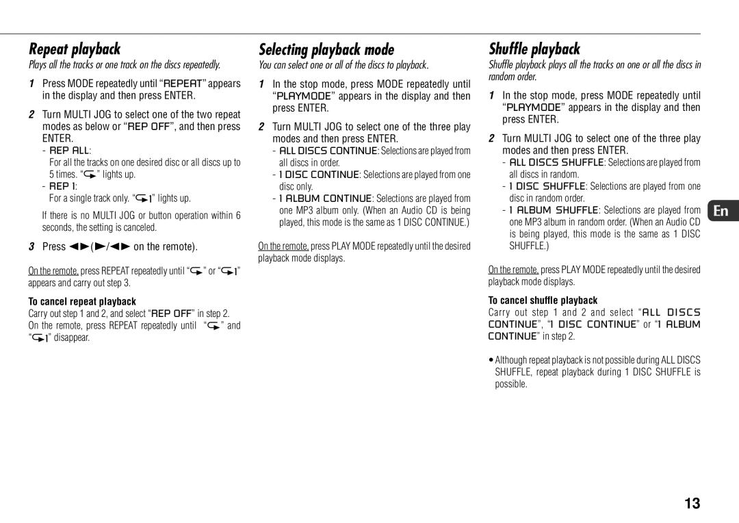 Sony JAX-S8 manual Repeat playback, Selecting playback mode, Shuffle playback, To cancel repeat playback 