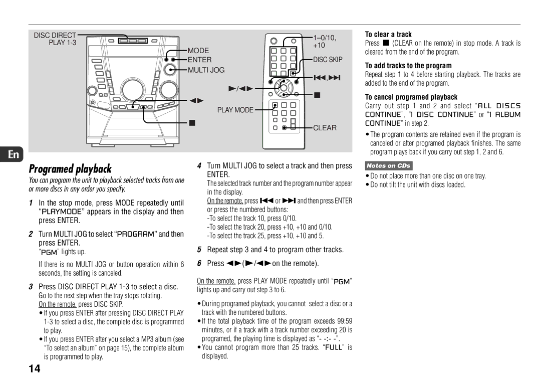 Sony JAX-S8 manual Programed playback, To clear a track, To add tracks to the program, To cancel programed playback, Enter 