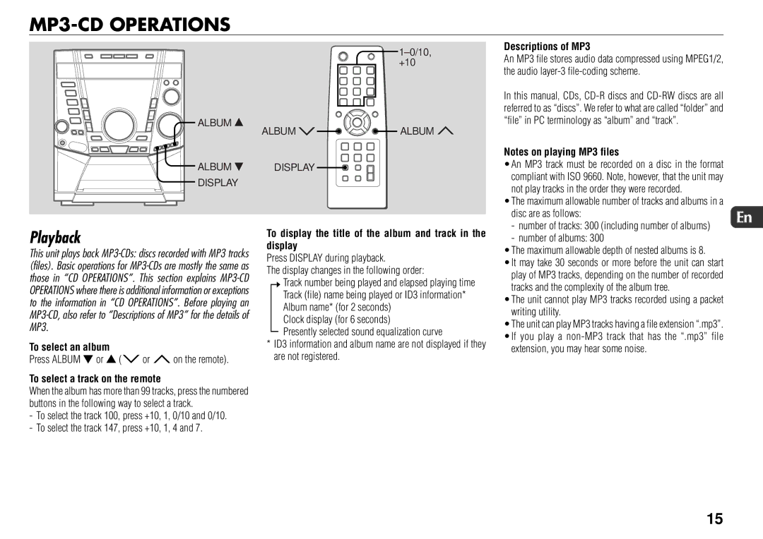 Sony JAX-S8 manual MP3-CD Operations, Descriptions of MP3, To select an album, To select a track on the remote 