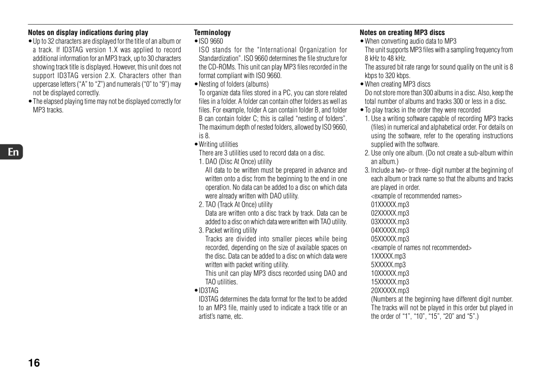 Sony JAX-S8 manual Nesting of folders albums, TAO Track At Once utility, Packet writing utility, ID3TAG 