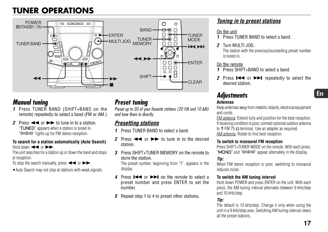 Sony JAX-S8 manual Tuner Operations, AdjustmentsEn, Antennas, To switch to monaural FM reception 