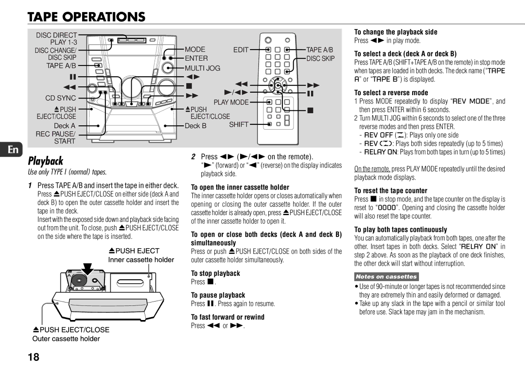 Sony JAX-S8 manual Tape Operations 