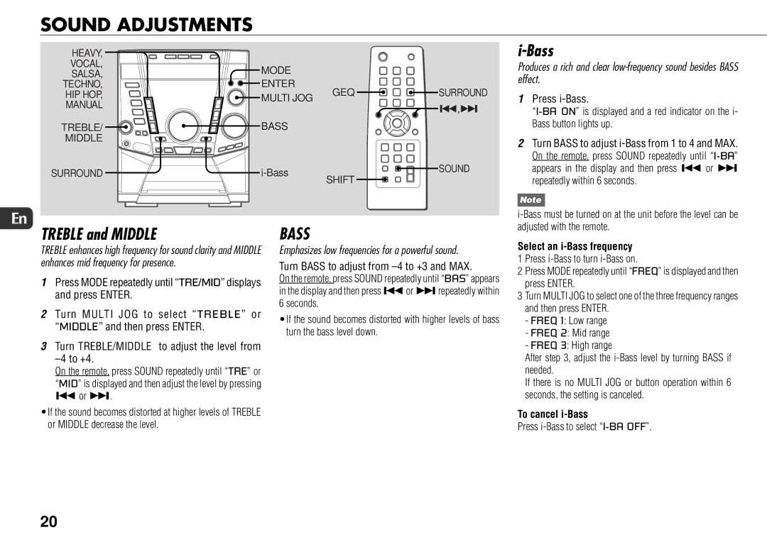 Sony JAX-S8 manual Sound Adjustments, Treble and Middle, Select an i-Bass frequency, To cancel i-Bass 