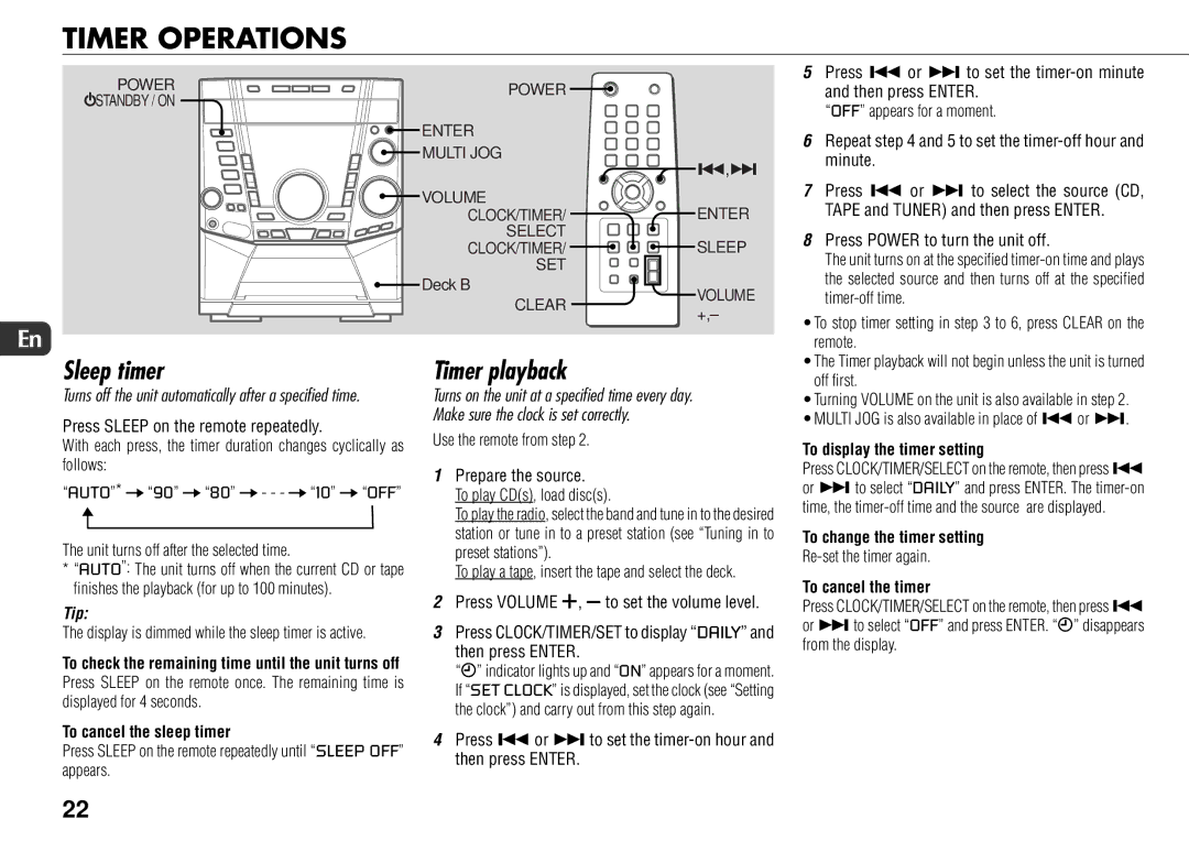 Sony JAX-S8 manual Timer Operations, Sleep timer, Timer playback 