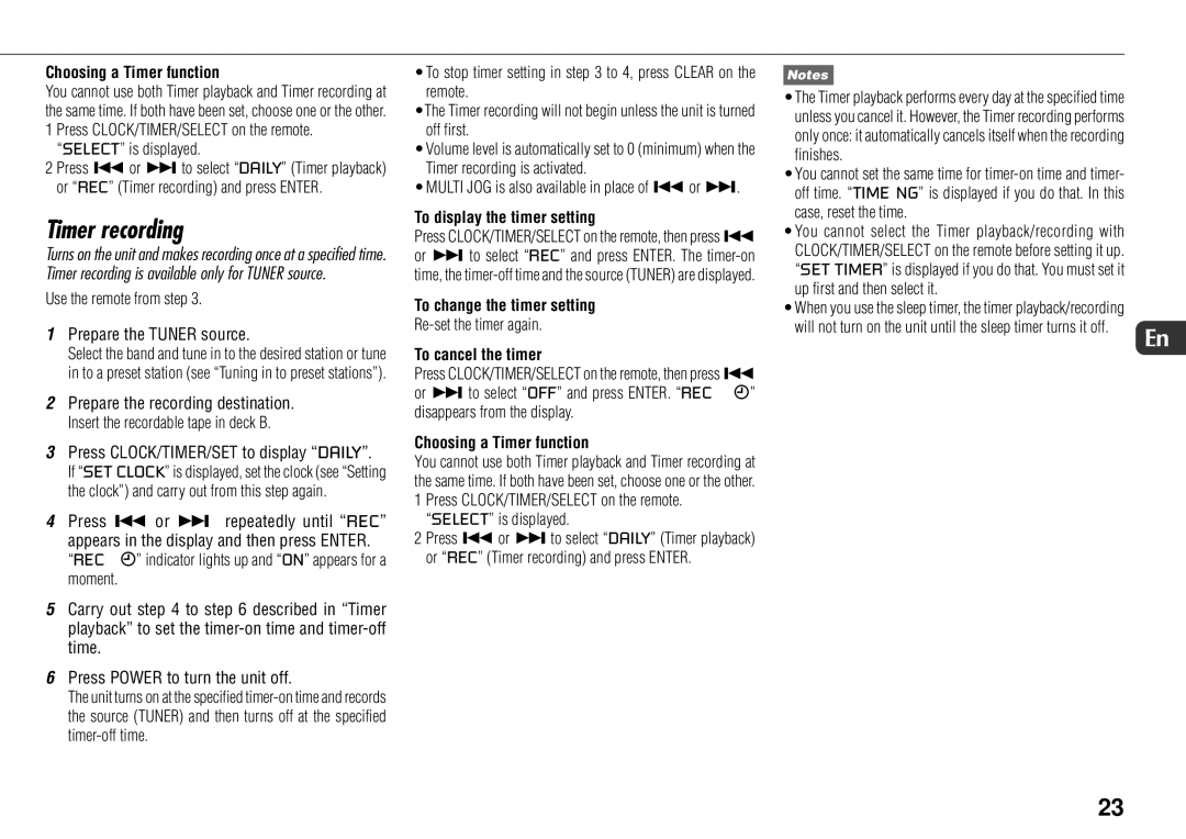 Sony JAX-S8 manual Timer recording, Choosing a Timer function 