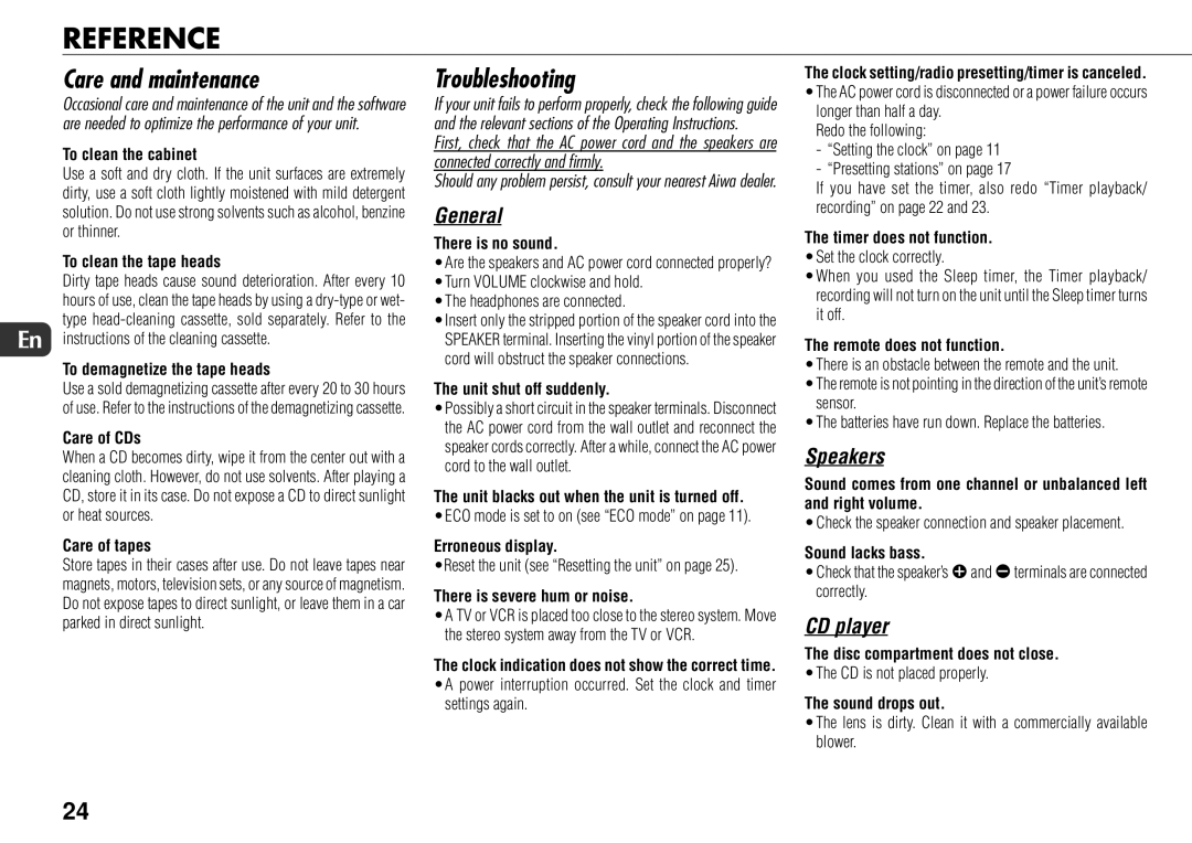 Sony JAX-S8 manual Reference, Care and maintenance, Troubleshooting 