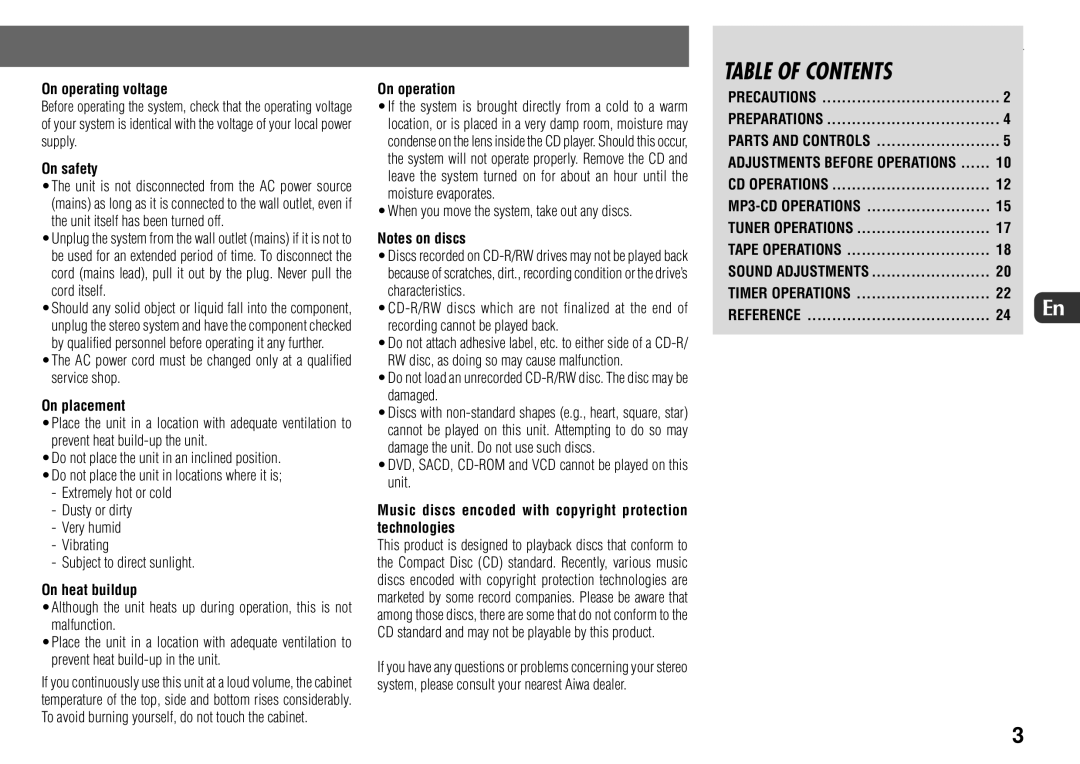 Sony JAX-S8 manual Table of Contents 