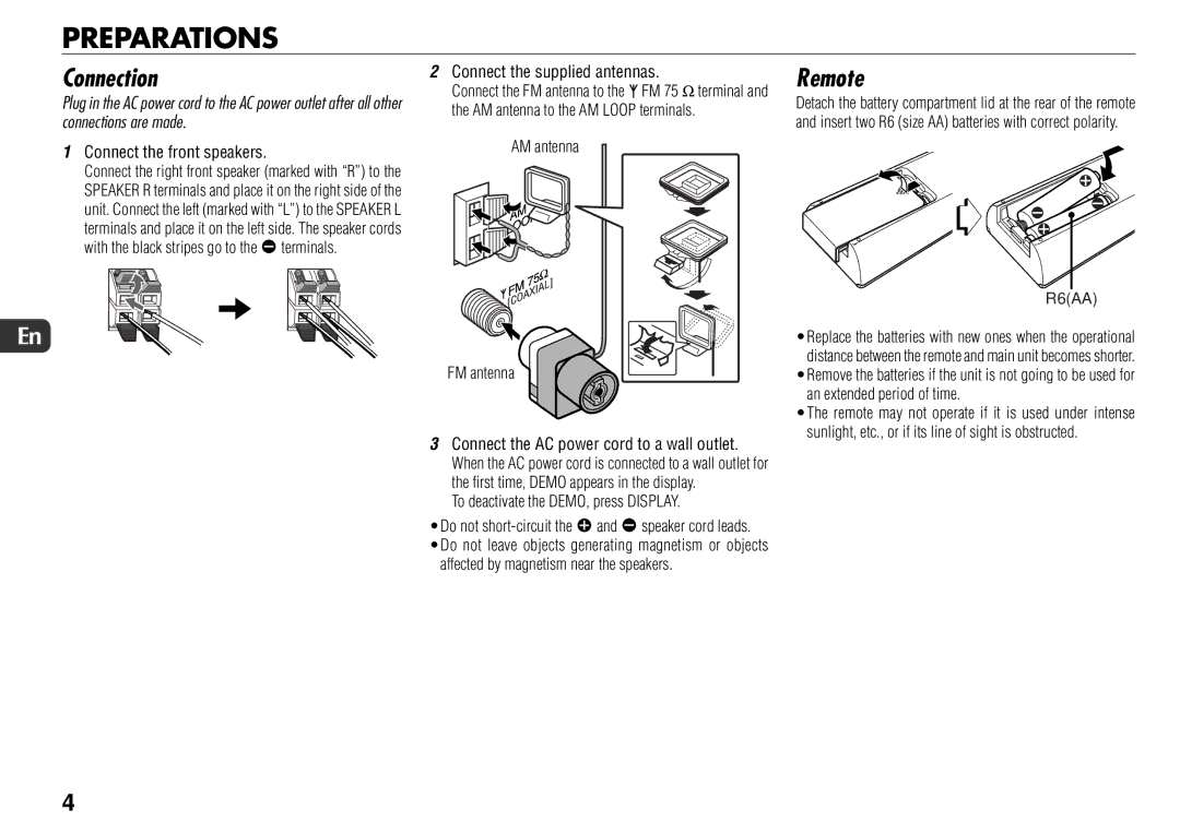 Sony JAX-S8 manual Preparations, Connection, Remote 