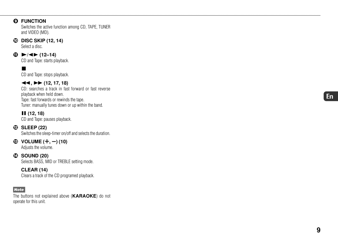 Sony JAX-S8 Disc Skip 12, 14 Select a disc D12-14, G12, 17, A12, @ Sleep, # Volume +, 10 Adjusts the volume $ Sound, Clear 