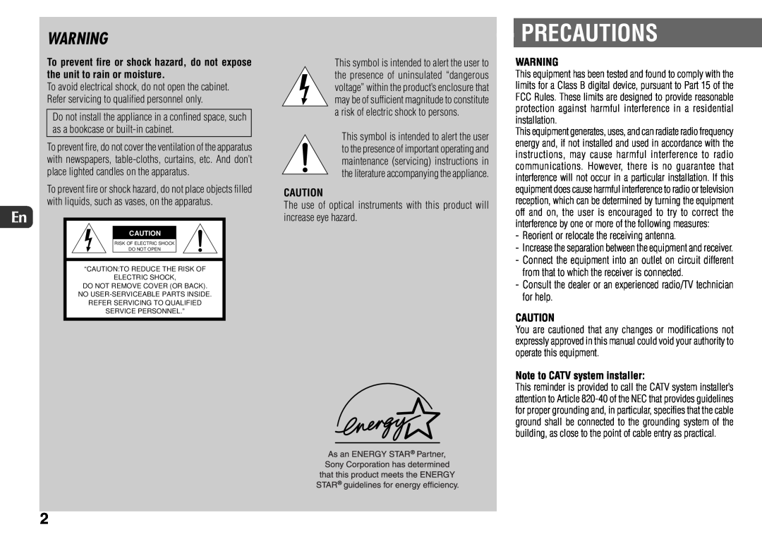 Sony JAX-S8 manual Note to CATV system installer, Precautions 
