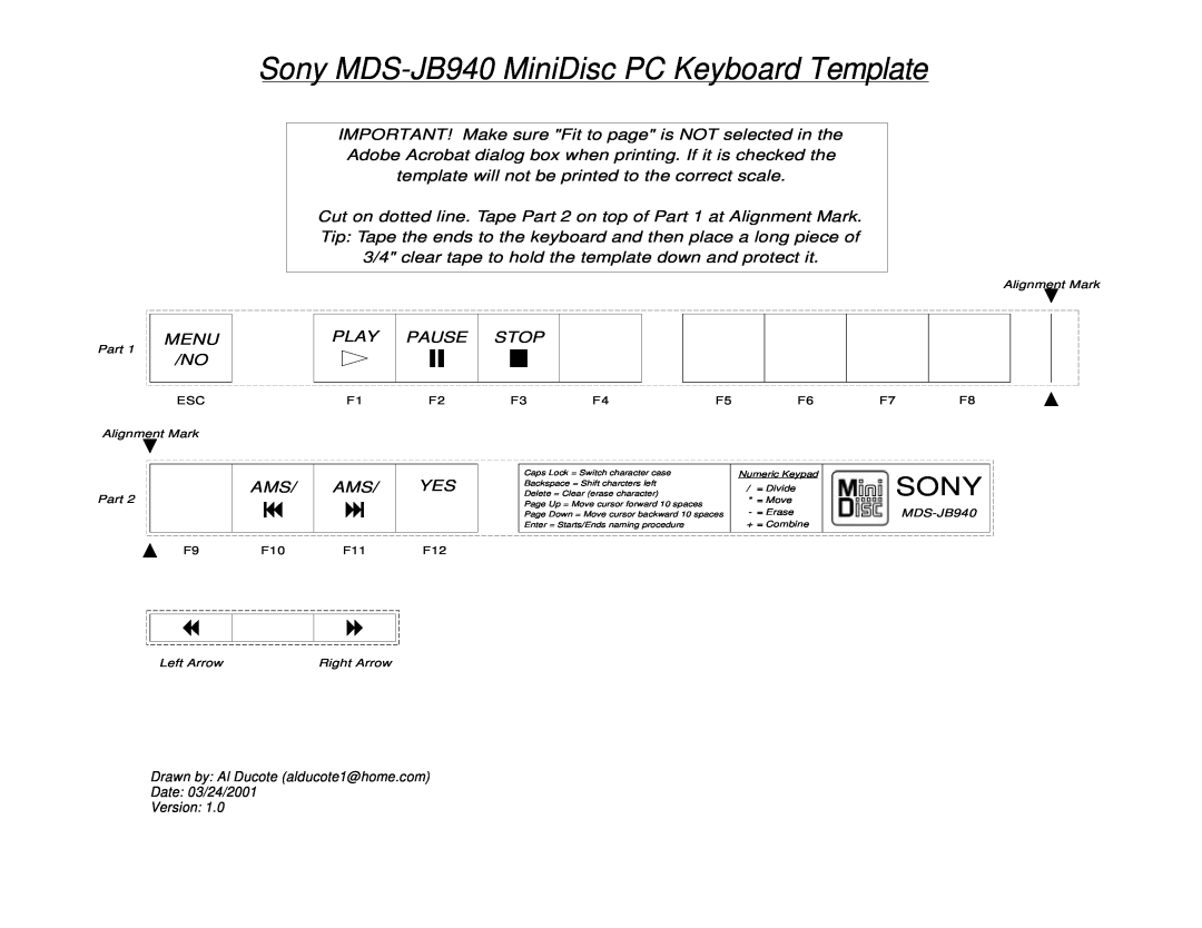 Sony jb940 manual Sony MDS-JB940 MiniDisc PC Keyboard Template 
