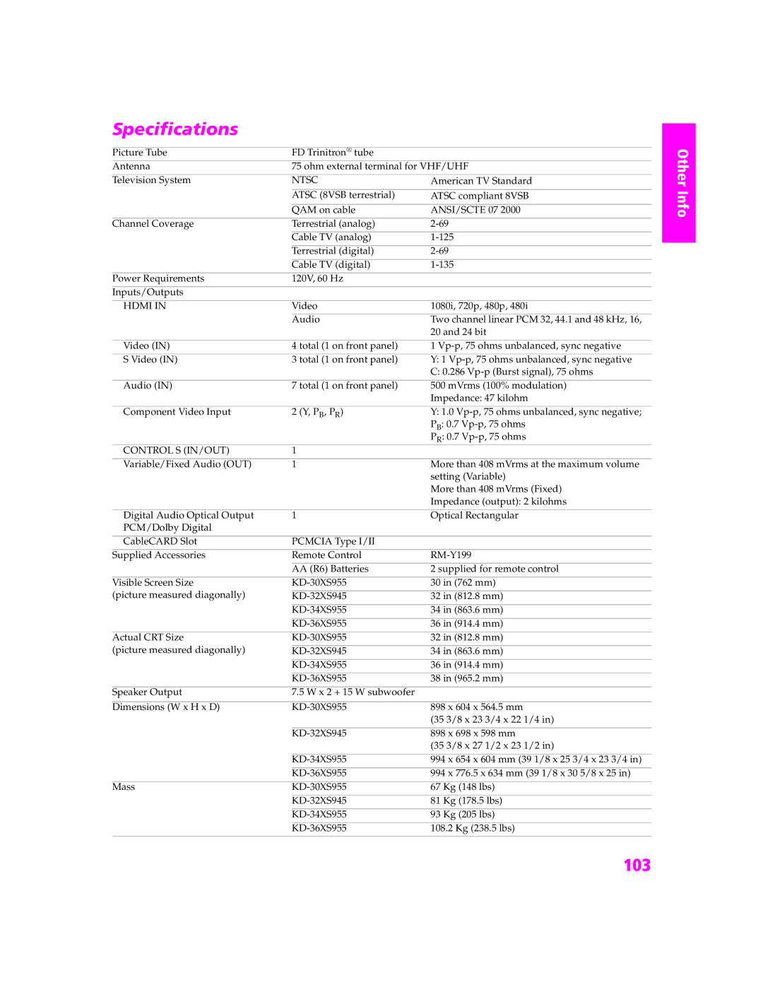 Sony KD-30XS955, KD-32XS945, KD-34SX955, KD-36SX955 manual Specifications, Ntsc 