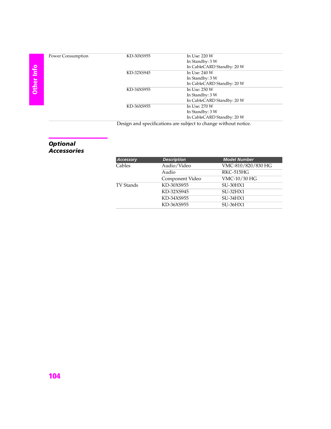 Sony KD-30XS955, KD-32XS945, KD-34SX955, KD-36SX955 manual Optional Accessories 