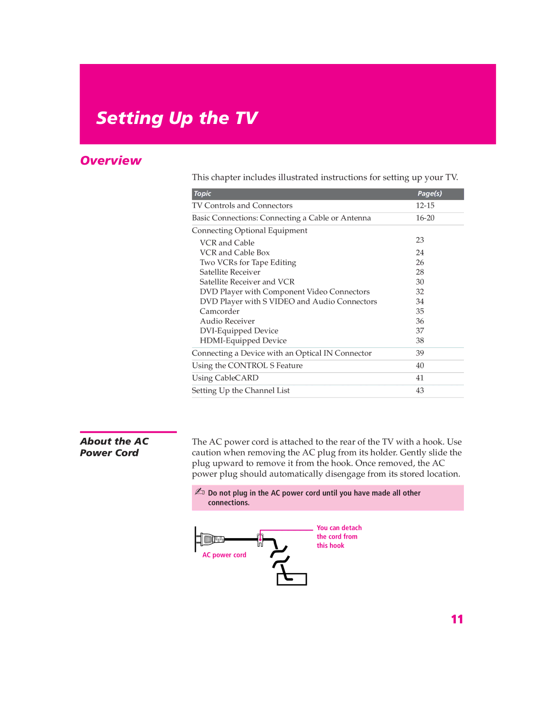 Sony KD-30XS955, KD-32XS945, KD-34SX955, KD-36SX955 manual Setting Up the TV, About the AC Power Cord 